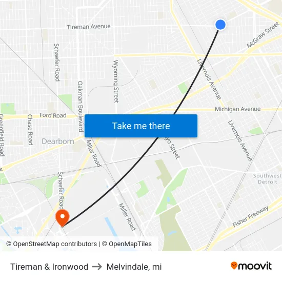 Tireman & Ironwood to Melvindale, mi map