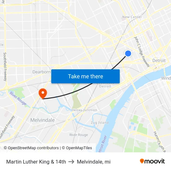 Martin Luther King & 14th to Melvindale, mi map