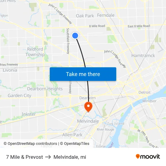 7 Mile & Prevost to Melvindale, mi map