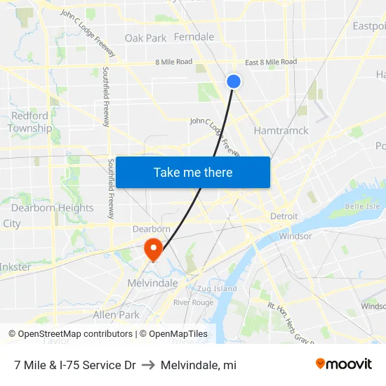 7 Mile & I-75 Service Dr to Melvindale, mi map