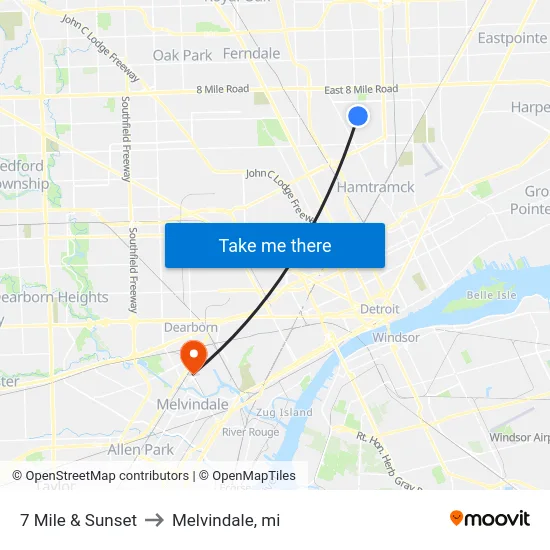 7 Mile & Sunset to Melvindale, mi map