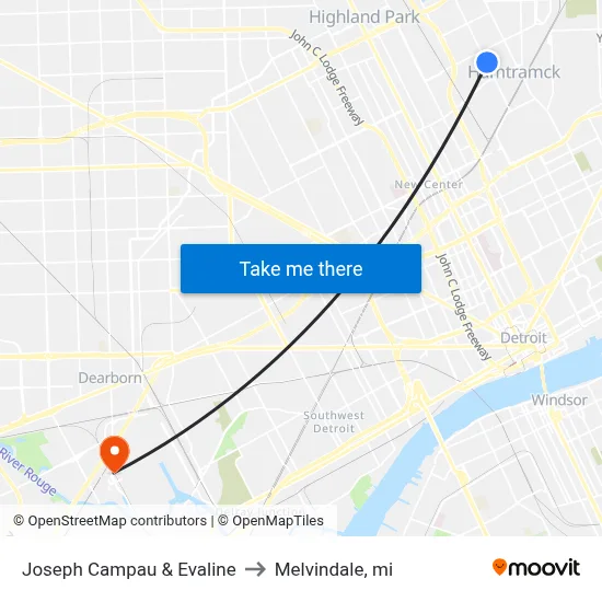 Joseph Campau & Evaline to Melvindale, mi map