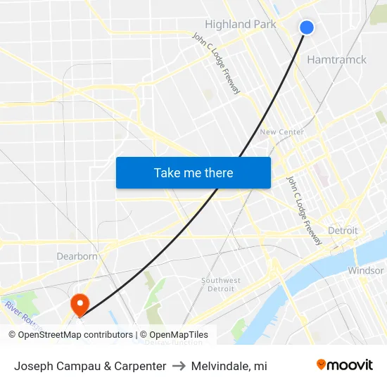 Joseph Campau & Carpenter to Melvindale, mi map