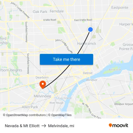 Nevada & Mt Elliott to Melvindale, mi map