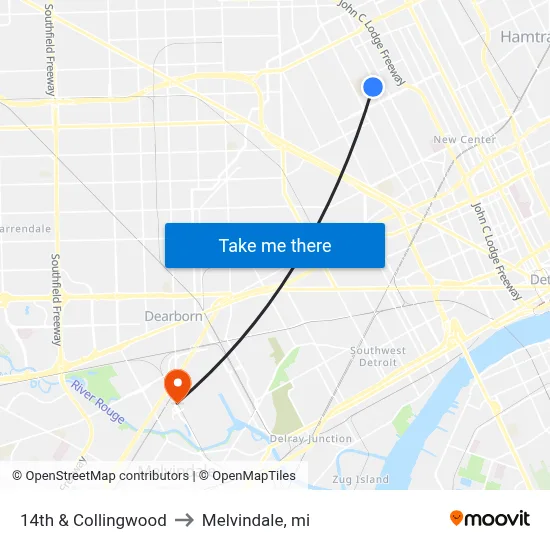 14th & Collingwood to Melvindale, mi map
