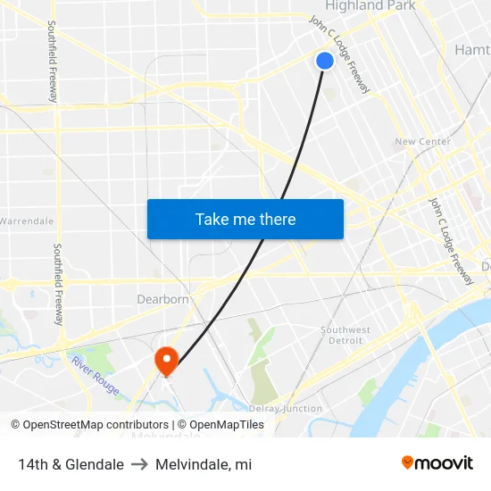 14th & Glendale to Melvindale, mi map