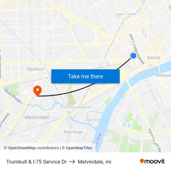 Trumbull & I-75 Service Dr to Melvindale, mi map