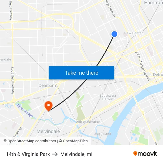 14th & Virginia Park to Melvindale, mi map