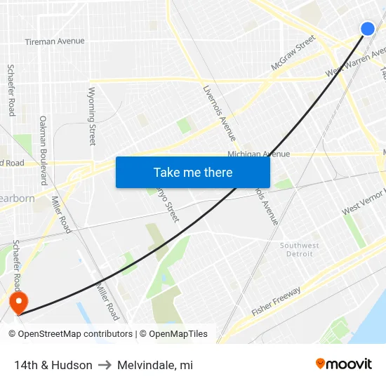 14th & Hudson to Melvindale, mi map