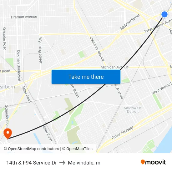 14th & I-94 Service Dr to Melvindale, mi map