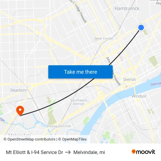 Mt Elliott & I-94 Service Dr to Melvindale, mi map