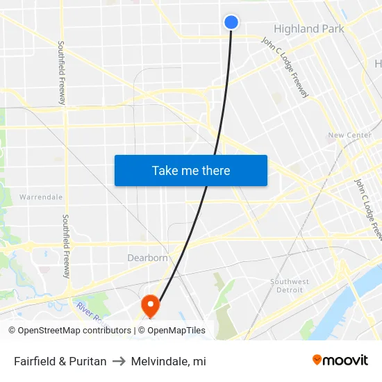 Fairfield & Puritan to Melvindale, mi map