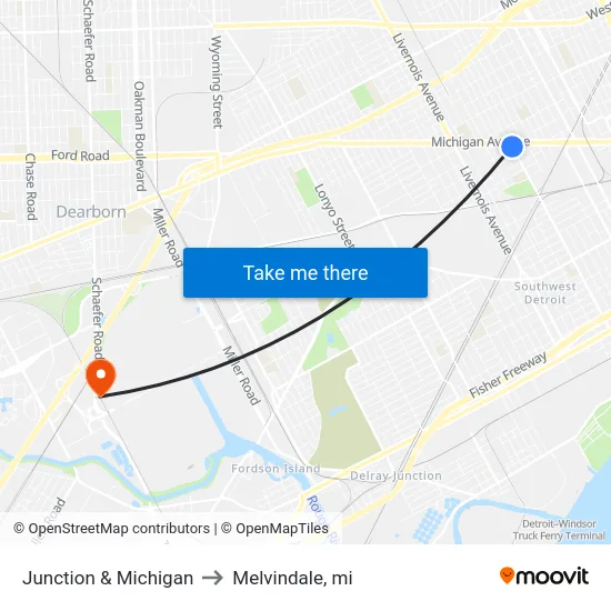 Junction & Michigan to Melvindale, mi map