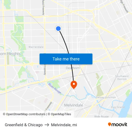 Greenfield & Chicago to Melvindale, mi map