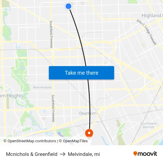 Mcnichols & Greenfield to Melvindale, mi map