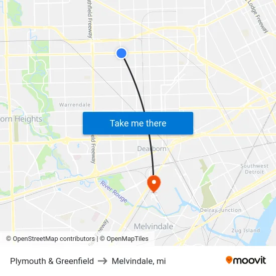 Plymouth & Greenfield to Melvindale, mi map