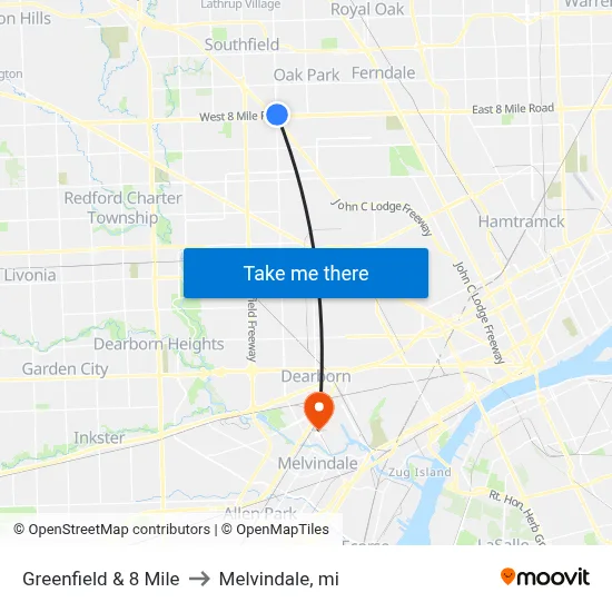 Greenfield & 8 Mile to Melvindale, mi map