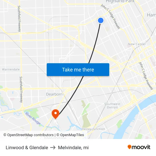 Linwood & Glendale to Melvindale, mi map