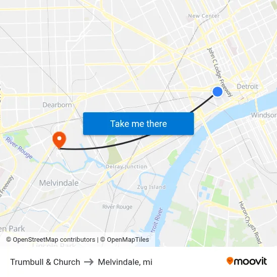 Trumbull & Church to Melvindale, mi map