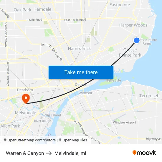 Warren & Canyon to Melvindale, mi map