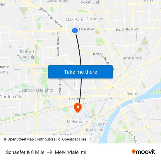 Schaefer & 8 Mile to Melvindale, mi map