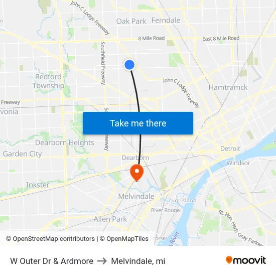 W Outer Dr & Ardmore to Melvindale, mi map