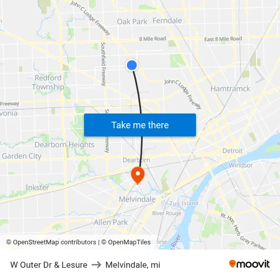 W Outer Dr & Lesure to Melvindale, mi map