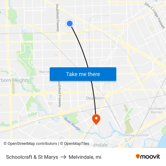 Schoolcraft & St Marys to Melvindale, mi map