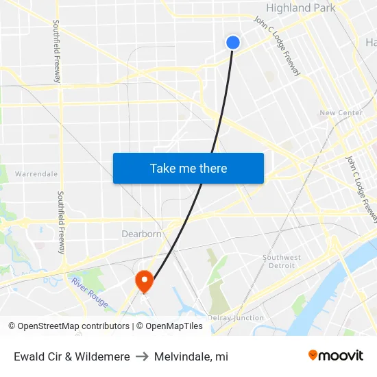 Ewald Cir & Wildemere to Melvindale, mi map