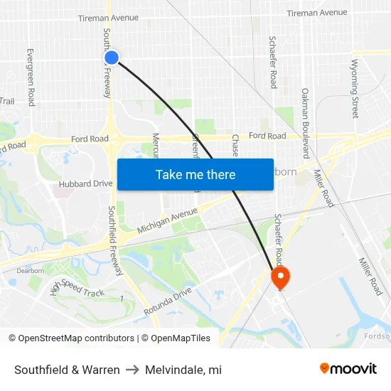 Southfield & Warren to Melvindale, mi map