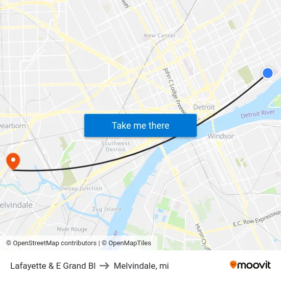 Lafayette & E Grand Bl to Melvindale, mi map