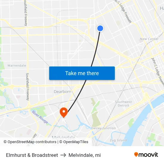 Elmhurst & Broadstreet to Melvindale, mi map