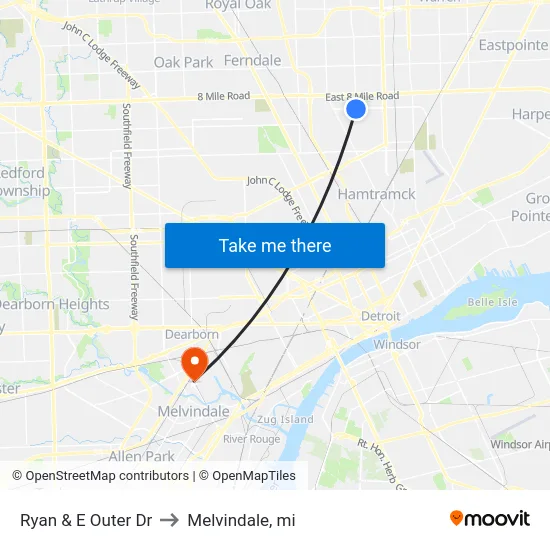 Ryan & E Outer Dr to Melvindale, mi map