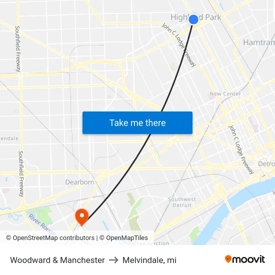 Woodward & Manchester to Melvindale, mi map