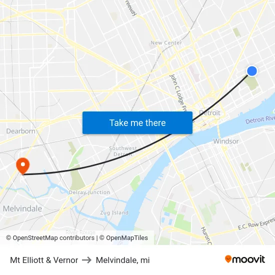 Mt Elliott & Vernor to Melvindale, mi map