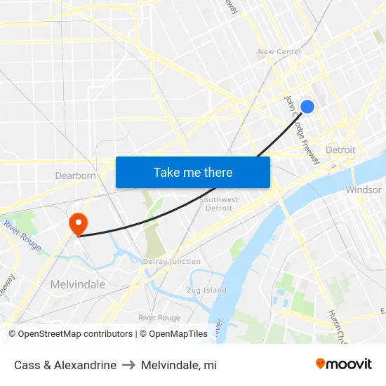 Cass & Alexandrine to Melvindale, mi map