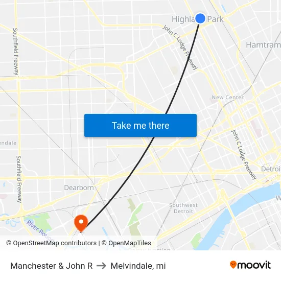 Manchester & John R to Melvindale, mi map