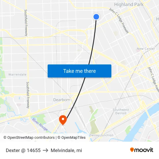 Dexter @ 14655 to Melvindale, mi map