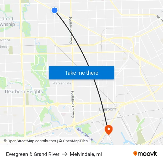 Evergreen & Grand River to Melvindale, mi map