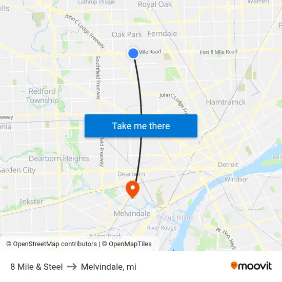 8 Mile & Steel to Melvindale, mi map