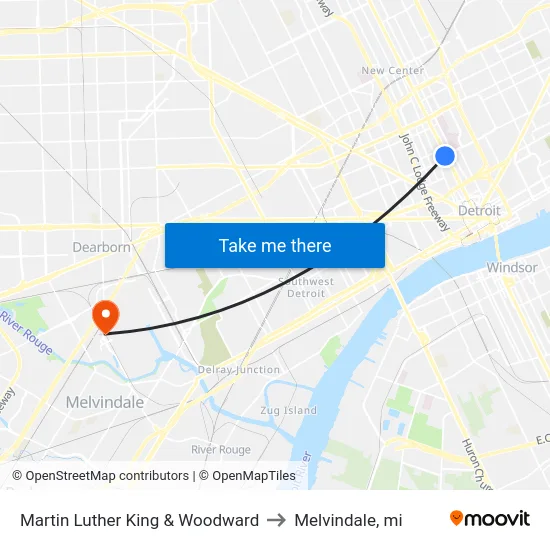 Martin Luther King & Woodward to Melvindale, mi map