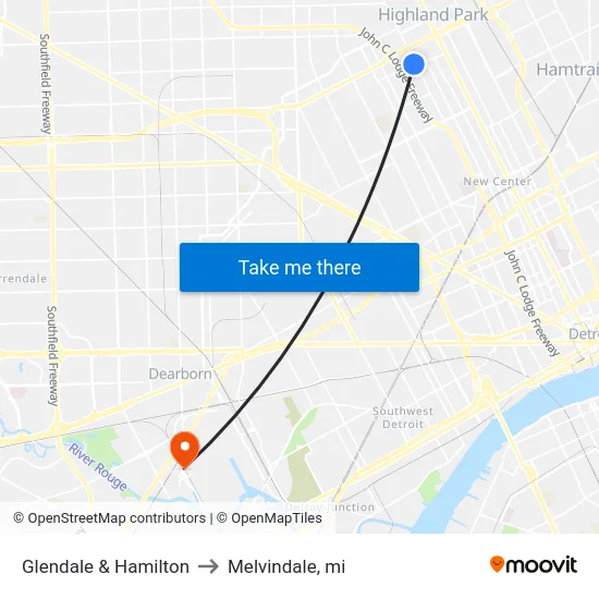 Glendale & Hamilton to Melvindale, mi map