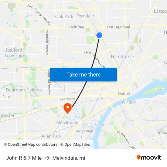 John R & 7 Mile to Melvindale, mi map