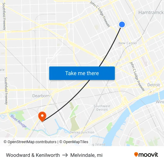 Woodward & Kenilworth to Melvindale, mi map