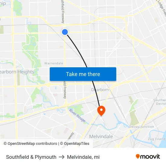 Southfield & Plymouth to Melvindale, mi map