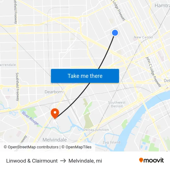 Linwood & Clairmount to Melvindale, mi map