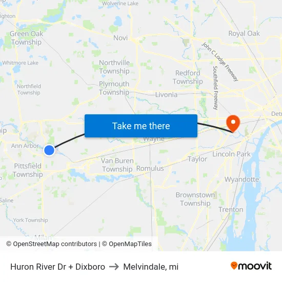 Huron River Dr + Dixboro to Melvindale, mi map