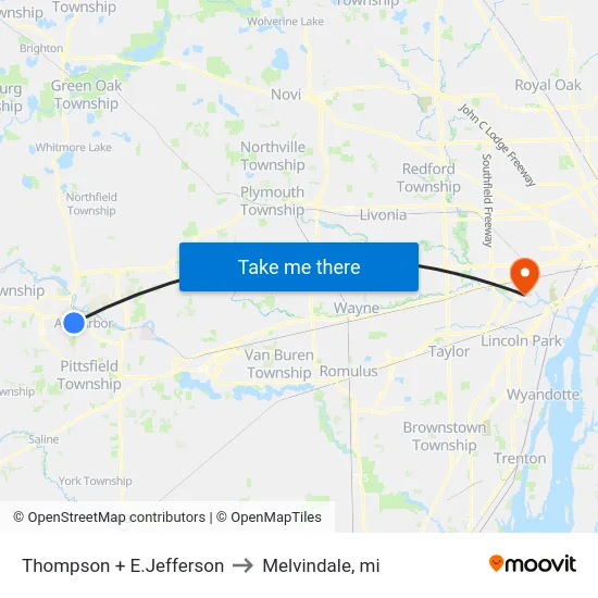 Thompson + E.Jefferson to Melvindale, mi map