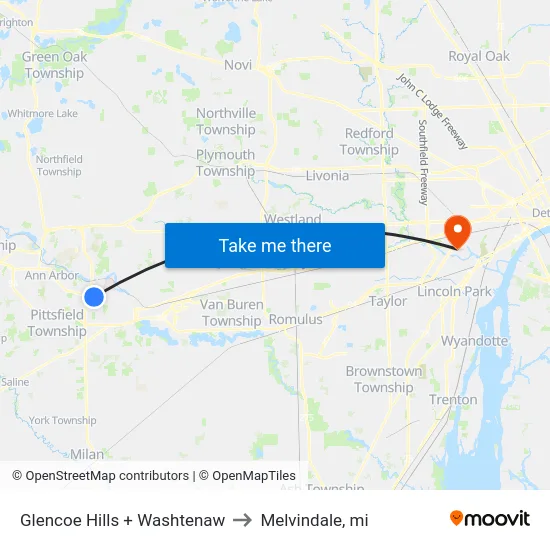 Glencoe Hills + Washtenaw to Melvindale, mi map