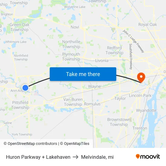Huron Parkway + Lakehaven to Melvindale, mi map